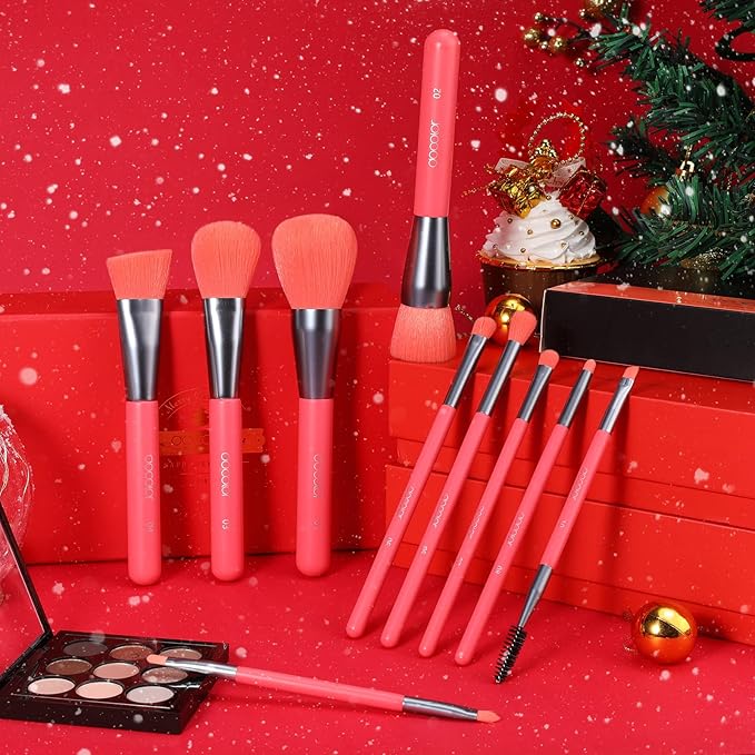 Docolor Makeup Brushes 10Pcs Makeup Brush Set Premium Synthetic Powder Foundation Contour Blush Concealer Eye Shadow Blending Liner Make Up Brush Kit - Neon Peach