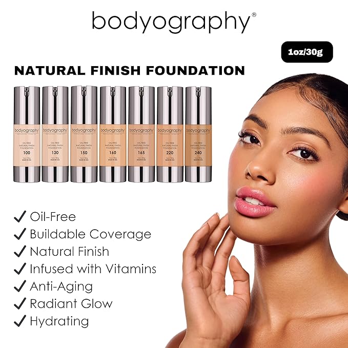 BODYOGRAPHY Natural Finish Foundation (Medium/Dark/Cool #220) | Oil-Free, Anti-Aging Salon Foundation with Vitamin E & C | Photo-Ready, Skin-Perfecting Coverage | Vegan, Gluten-Free, Paraben-Free