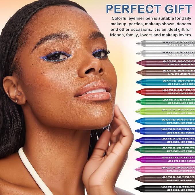 16 Colored Eye Liner Pencils for Women,Purple Green Blue Metallic Eyeliner Pen Set,delineador de ojos contra el agua,Multi-Function and Professional Pencil Eyeliner Makeup