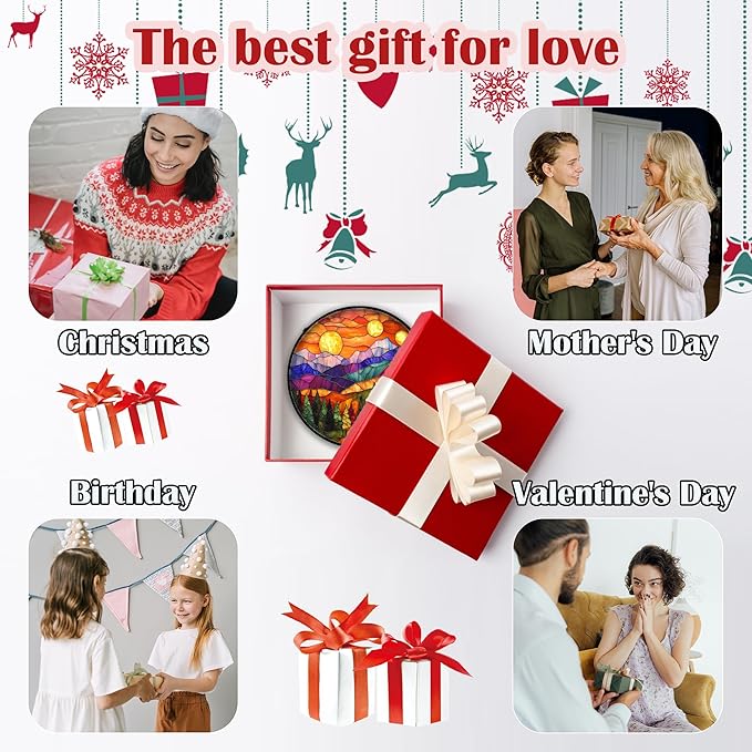 Stained Glass Window Hanging, Sunset Abstract Sun Catchers Colorful Glass Panel Landscape Suncatcher Decor for Birthday for Women, Men, Wife, Aunt, and Mom 14.9x14.9 in