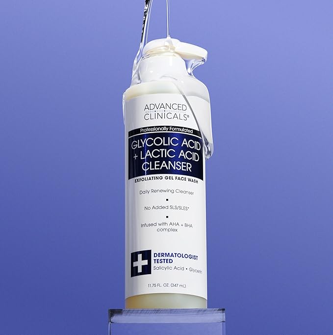 Advanced Clinicals Glycolic Acid Exfoliating Face Wash For Women & Men | Lactic Acid & Salicylic Acid Facial Cleanser | Glycerin Gel Gleanser Helps Gently Exfoliate & Cleanse Dirt & Oil, 2-Pack