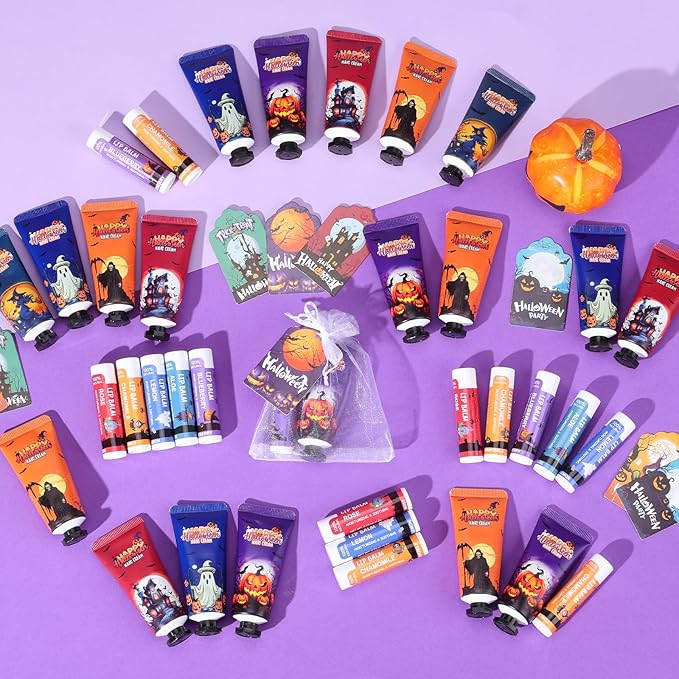 VESPRO 50 Pack Halloween Hand Cream and Lip Balm Set, Bulk Halloween Gifts with Halloween Cards and Organza Bag, Halloween Decorations and Halloween Party Favors Goodies for Women