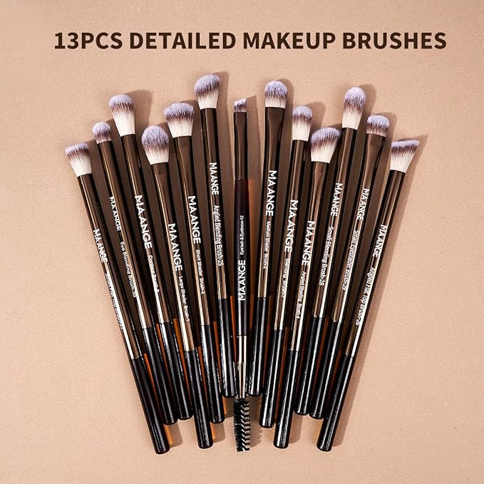 MAANGE 13 Pcs Makeup Brushes with Bag, Multi-functional Eye Makeup Brush Set Professional Blending Eyeshadow Concealer Eyebrows Eyeliner (Coffee Brown)