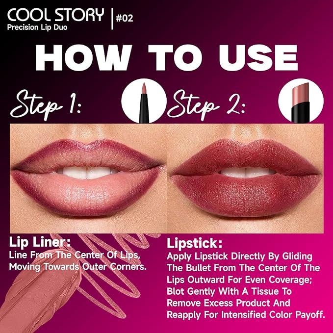 COOL STORY 2 Piece Lip Liner and Lipstick Set, Long Lasting Formula, Professional Makeup Kit (02)