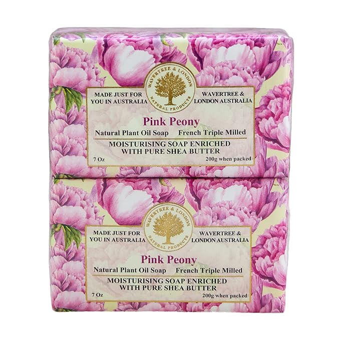 Wavertree & London Pink Peony Scented Natural Soap (2 Bars), 7oz Moisturizing French Triple Milled Soap Bars enriched with shea butter - Pure Plant Based Bath & Body Bars for All Skin Types