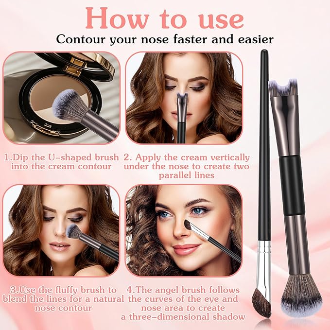 Grevosea 3 Pcs Contour Brushes for Makeup, 2 in 1 Dual-End Nose Contour Brush Angled Blush Brush for Cheeks Sculpting Highlighting Defining Eyeshadow Makeup Brushes