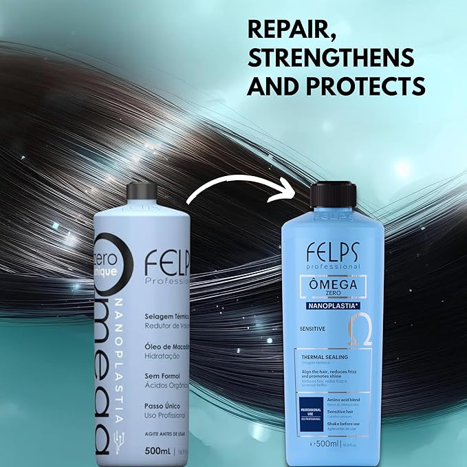 Felps Professional Omega Sensitive - Thermal Sealing Unique Nanoplasty - Brazilian Keratin Blowout - Straightening & Smoothing Hair Treatment - Formaldehyde Free 500ml/16.90.oz