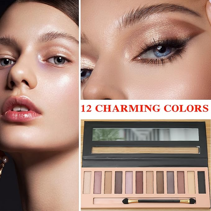 Pearl 12 Colors Makeup Naked Eyeshadow Palette,Nude Matte Shimmer Eyeshadow Palette,Natural Glitter Pigment Eye Shadow Pallete Set Long Lasting & Waterproof Smokey Eye Professional Beauty Makeup Kit