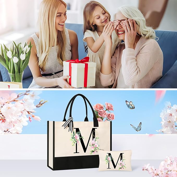 AYGE Personalized Initial Canvas Beach Bag Cosmetic Bags, Monogrammed Gifts for Women, Tote Bag, Makeup Bag, Birthday Gifts for Sister Mom Teacher Bridesmaid (M)