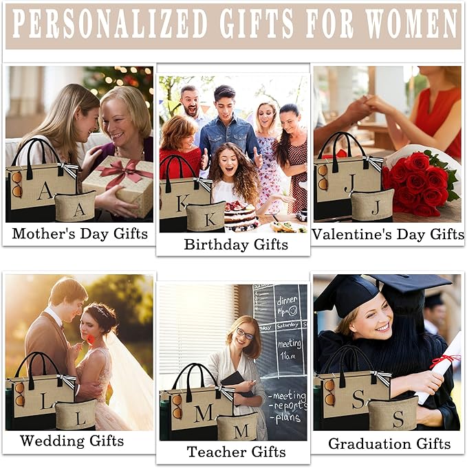 YOOLIFE Personalized Gifts for Women - Initial Jute Tote Bag & Makeup Bag, Birthday Gifts for Women Mom Wife Teacher Friend