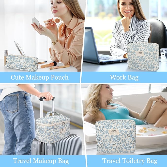 Makeup Bag Set, Quilted Makeup Bag, Large Floral Cosmetic Bag for Women, Cute Cotton Makeup Bags, Flower Travel Toiletry Organizer Bag(Plaid Floer)