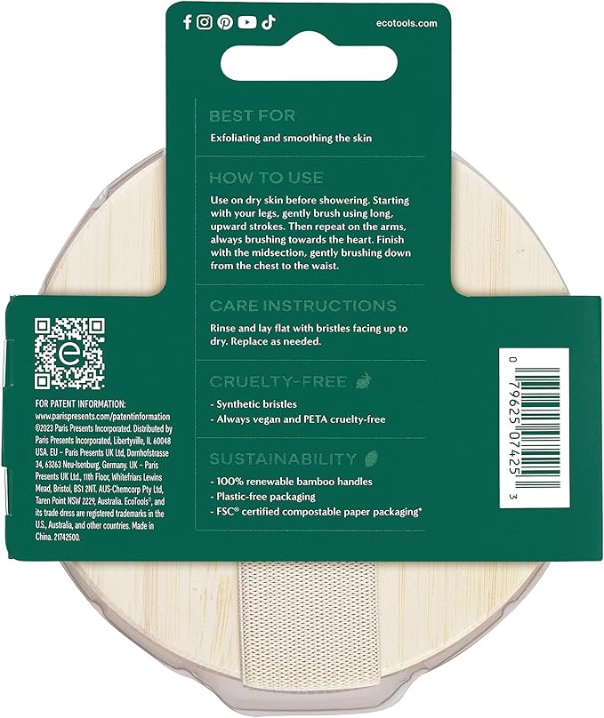 EcoTools Dry Body Brush, Cruelty-Free Bristles Exfoliate & Smooth Skin, Dry Brushing Removes Flaky Skin, May Help Improve Circulation & Tone, Eco-Friendly Skincare Tool, Vegan & Cruelty-Free, 1 Count