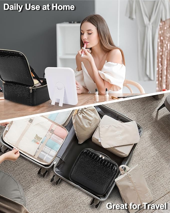 Chomeiu Makeup Bag with LED Mirror, Travel Makeup Case for Women and Makeup Artists Cosmetic Organizer Large Make Up Bags with Light Up Mirror, 3 Color Lights, Adjustable Dividers, Crocodile Pattern