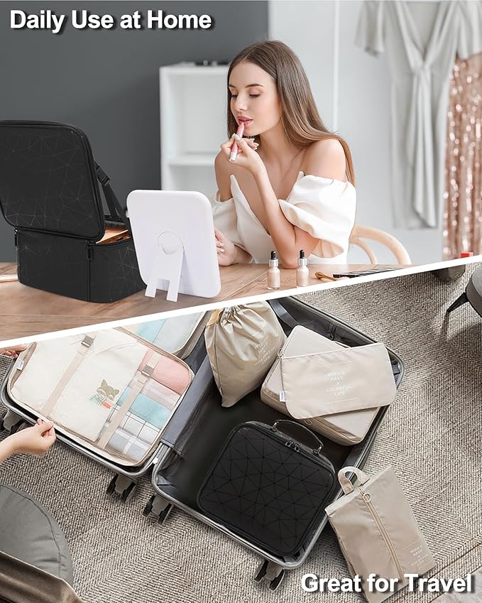 Chomeiu Makeup Bag with LED Mirror, Cute Cosmetic Bags Birthday Gifts for Girls Women, Makeup Train Case Artists Organizer Large Make Up Bags with Light Up Mirror 3 Color Lights, Black Geometric