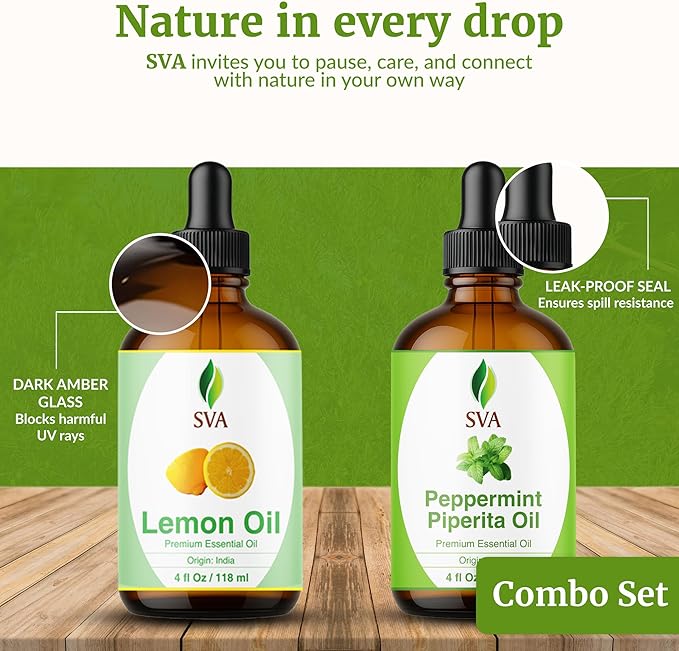 SVA Peppermint Essential Oil and Lemon Essential Oil 4oz Bundle Super Saver Combo – Premium Grade Value Set for Aromatherapy, Scalp Massage, Hair Care, Skin & Body