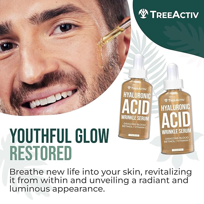 Hyaluronic Acid Wrinkle Serum, Vitamin C Serum for Face with Hyaluronic Acid, Retinol Serum for Face for Skin Elasticity, Fine Lines, and Dark Spots, Wrinkle Serum, 60-Day Supply TreeActiv