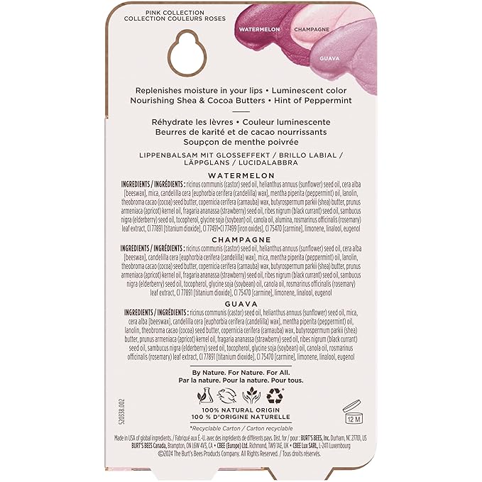 Burt's Bees Christmas Gifts, Lip Shimmer Pink Collection, Tinted Lip Balm Stick, Moisturizing for Hydration with Natural Glowy Pigmented Finish & Buildable Color, Value Pack, 3 Tubes x 0.09 Oz