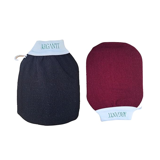 Moroccan Exfoliating Kessa Glove - Traditional Beauty Essential for Deep Skin Cleansing, Skin Exfoliation & Dead Skin Removal (set of 2 body (Black/garnet))