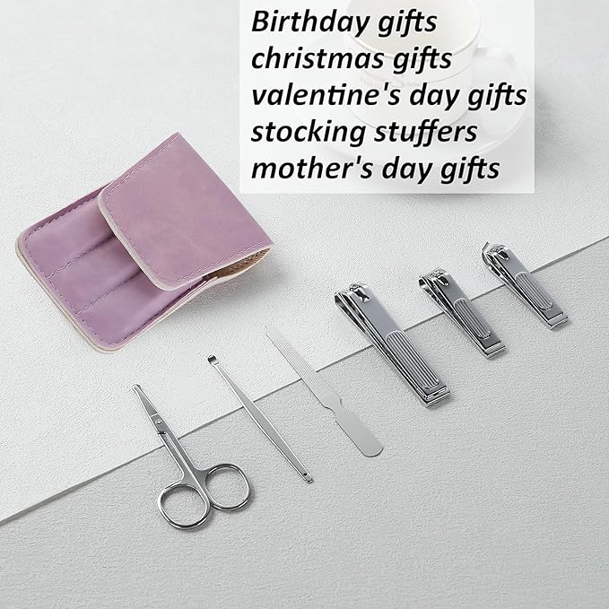 Nail Clipper Set Gifts for Women, 6 Pcs Case Fingernail Clipper Christmas Stocking Stuffers for Adults (Purple)