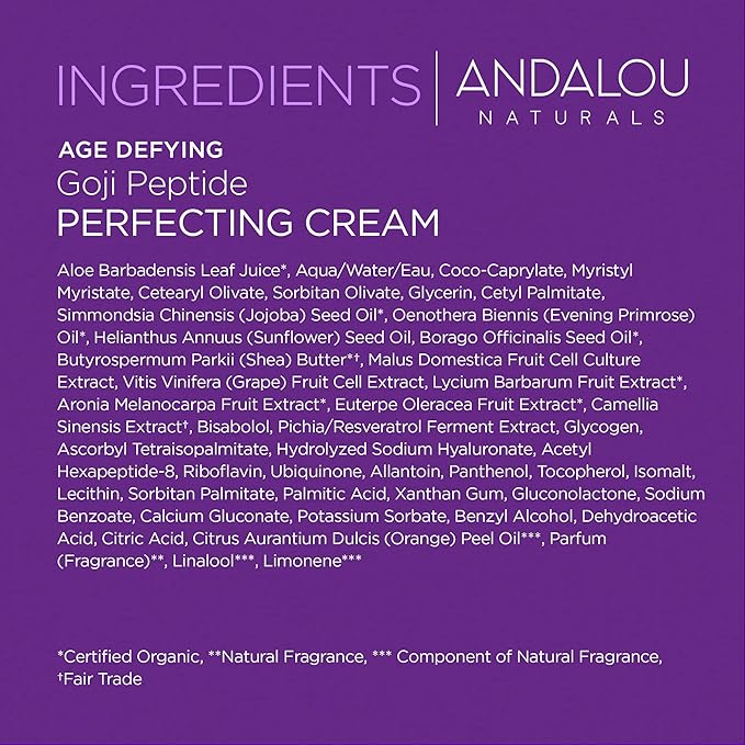Andalou Naturals Goji Peptide Perfecting Cream - Age Defying Face Moisturizer with Resveratrol, CoQ10 - Supports Skin Collagen and Elastin, Improves Appearance of Wrinkles & Signs of Aging - 1.7 fl oz