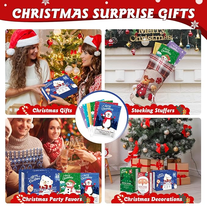 48 Pack Christmas Facial Masks for Stocking Stuffers, Bulk Moisturizing Facial Masks Set for Women Skin Care, Sheet Face Masks Skincare, Cute Christmas Gifts for Women