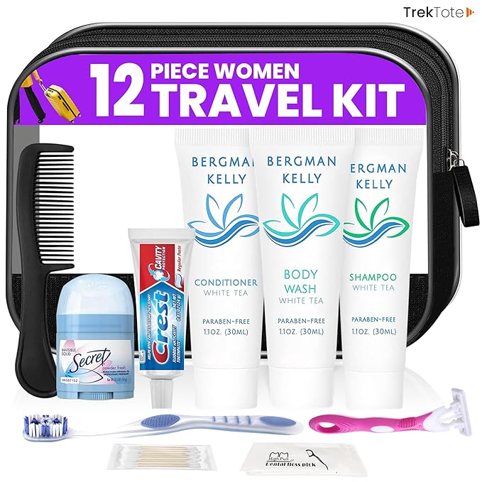 Trektote Travel Toiletry Kit For Women – (100 Pack) 12 Piece Set Of Travel Size Toiletries, TSA Compliant, Travel Essentials, Includes Shampoo And Conditioner, Body Wash, Toiletry Bag & More