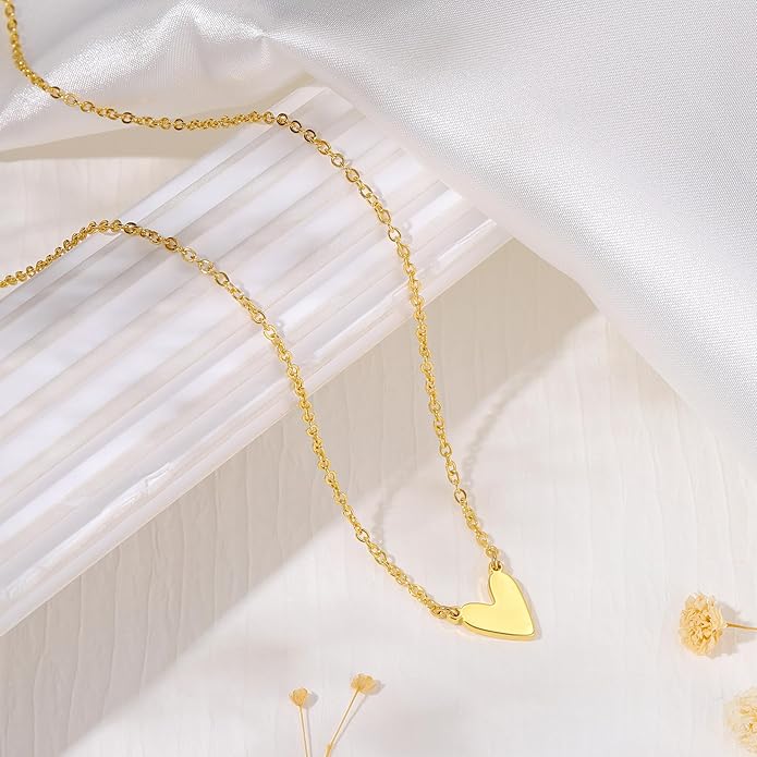 Dainty Gold Heart Necklace for Women - 14K Gold/Silver Plated Cute Heart Handmade Disc Circle Bee Choker Adjustable Necklace for Women Trendy Jewelry