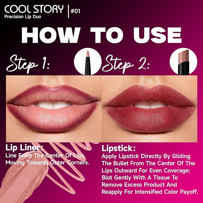 COOL STORY 2 Piece Lip Liner and Lipstick Set, Long Lasting Formula, Professional Makeup Kit (01)