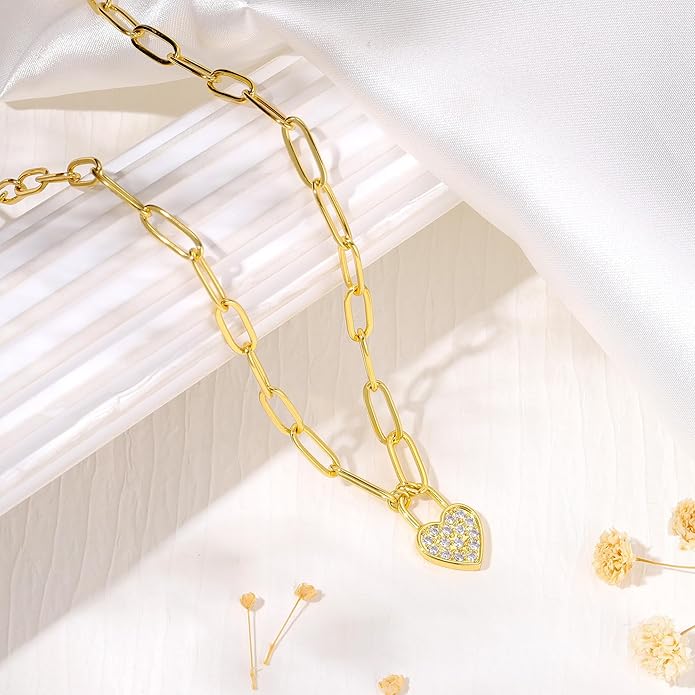 Dainty Gold Heart Necklace for Women - 14K Gold/Silver Plated Cute Heart Handmade Disc Circle Bee Choker Adjustable Necklace for Women Trendy Jewelry