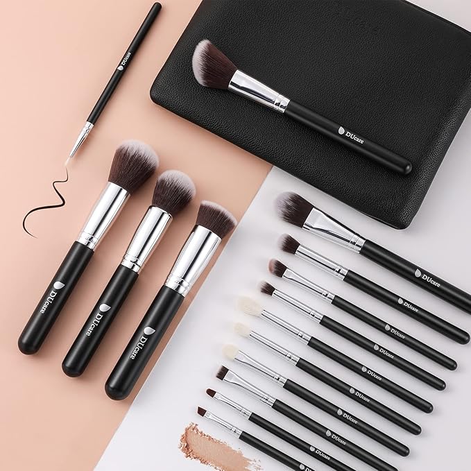 DUcare 15pcs Classic Black Makeup Brush Set with Bag Professional Soft Synthetic Foundation, Blending, Eyeshadow, Powder, Concealer Brushes for Flawless Makeup Application