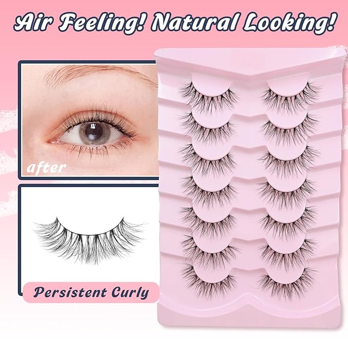 False Lashes Natural Wispy Eyelashes 11mm Short Lashes 3D Volume Fake Eyelashes Thin Cotton Band C Curl Soft Strip Eye Lashes Pack 7 Pairs Siligli