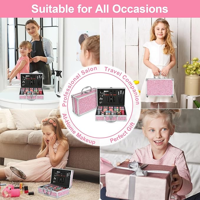 Anpro All-In-One Makeup Carry Case with Pro Teen Makeup Set, Full Starter Cosmetics Kit with Makeup Brushes, Lipsticks, Eye Shadows Palette, Blushes, Glitter Gel-Pink