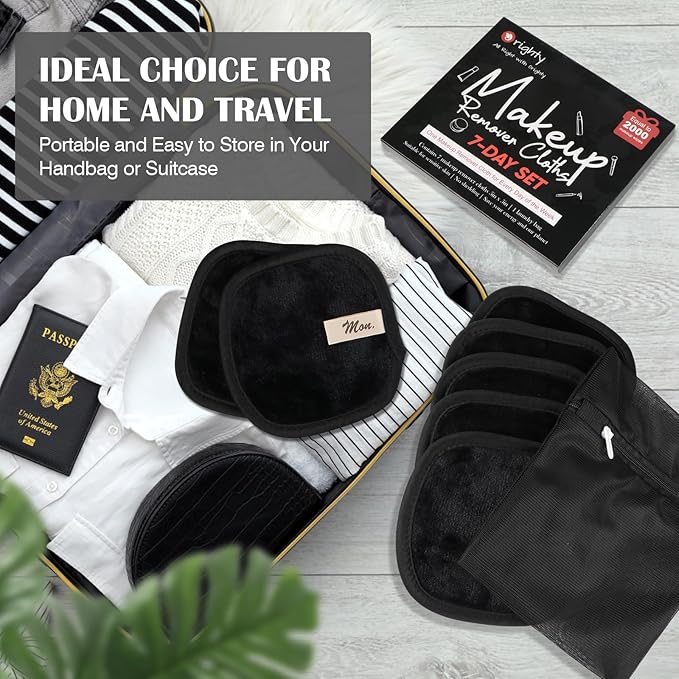 Orighty Makeup Remover Cloths 7-Day Set, Premium & Reusable Makeup Remover Pads, Erase Make-up With Just Water, Make-up Set For Eyes, Lips, Foundation and more, Ideal Choice For Women (Black)