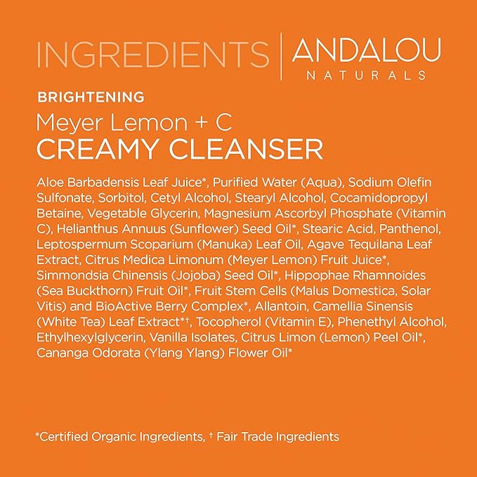 Andalou Naturals Brightening Meyer Lemon + Vitamin C Creamy Cleanser | Gentle Face Wash to Even Tone & Boost Glow | Aloe Vera & Natural Ingredients | For Dull Skin | 6 oz