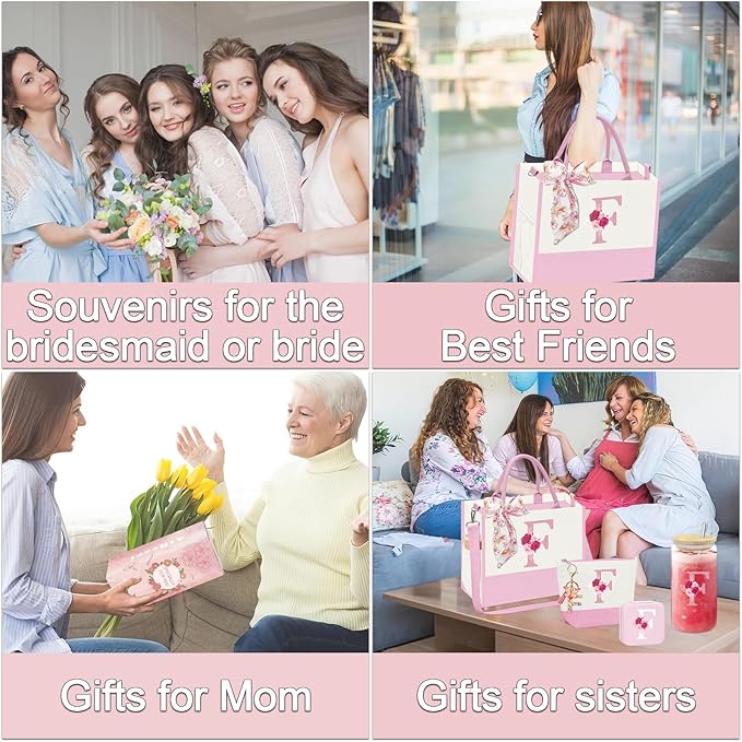 Gifts for Women,Initial Canvas Tote Bag,Personalized Gift for Woman,Monogrammed Gifts for Women,Initial Makeup Bag,Birthday Gift for Mom,present for Niece Sister-F