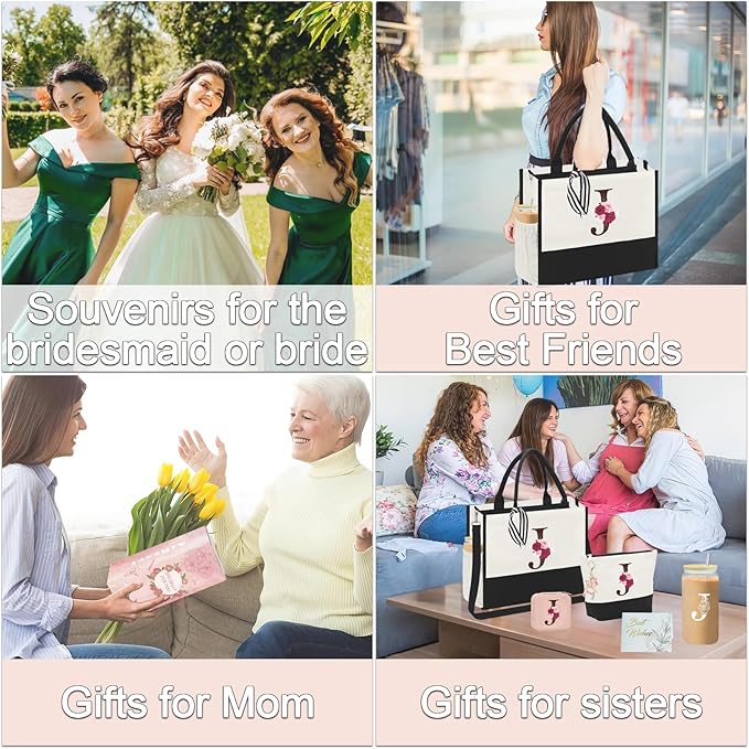 Birthday Gifts for Women,Initial Canvas Tote Bag,Monogrammed Gift for Women,16OZ Initial Glass Cup,Makeup Bag with Zipper,Jewelry Organizer Box,Personalized Gifts for Mom-J