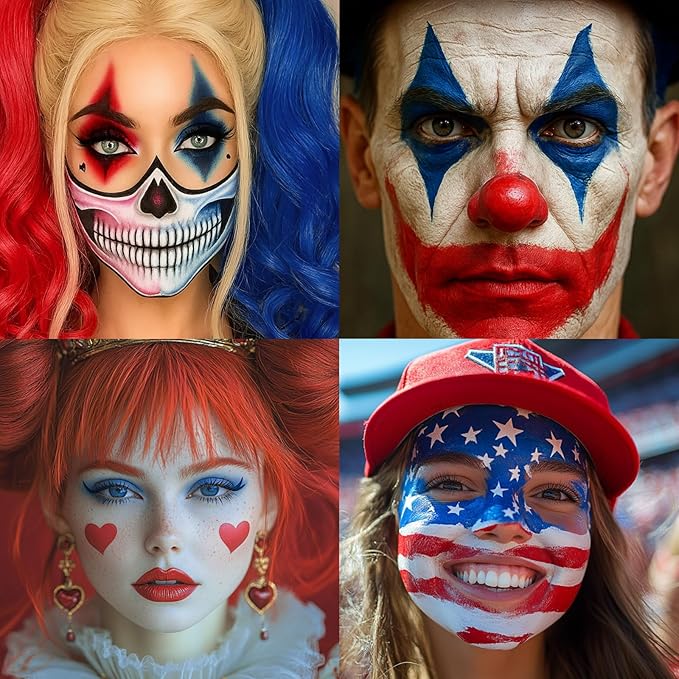 BADCOLOR 3PCS Red Blue Face Body Paint Stick Makeup for Harley/Joker SFX Cosplay & Dress Up, Red Liquid Eyeliner Stamp Pen for Clown Costume Cosplay