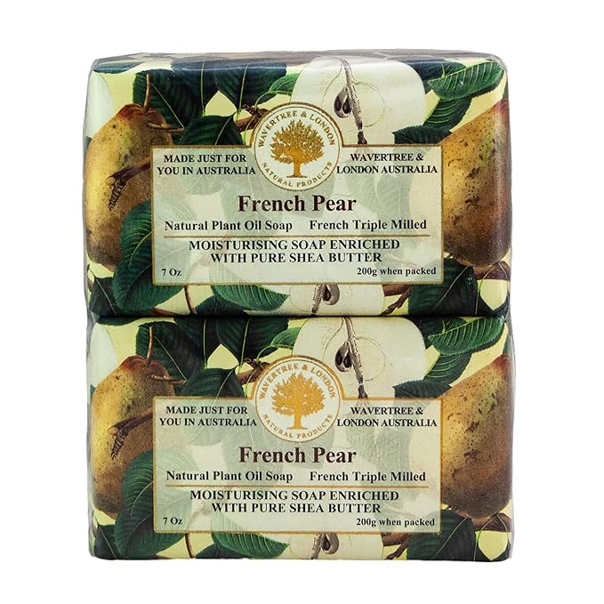Wavertree & London French Pear Scented Natural Soap (2 Bars), 7oz Moisturizing French Triple Milled Soap Bars enriched with shea butter - Pure Plant Based Bath & Body Bars for All Skin Types