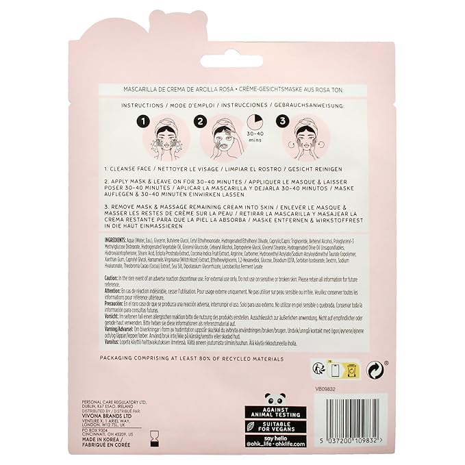 Oh K! Cream Sheet Mask - Pink Clay - Korean Face Mask Sheet - Facial Skin Care Products - Clean Korean Skincare - Hydrating Face Sheets - 1 Pc