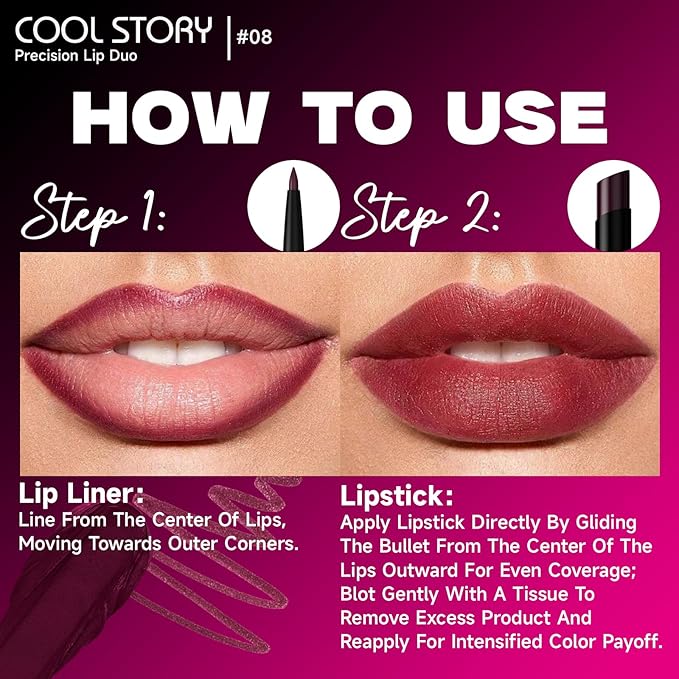 COOL STORY 2 Piece Lip Liner and Lipstick Set, Long Lasting Formula, Professional Makeup Kit (08)