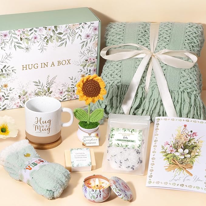 Get Well Soon Gift Baskets for Women, Self Care Gifts for Women Birthday, Spa Thinking of You Care Package Sending Sunshine Sunflower Gifts, After Surgery Sympathy Christmas Gift Ideas for Mom Friend