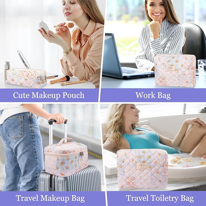 Makeup Bag Set, Quilted Makeup Bag, Large Floral Cosmetic Bag for Women, Cute Cotton Makeup Bags, Flower Travel Toiletry Organizer Bag (Folk Style)