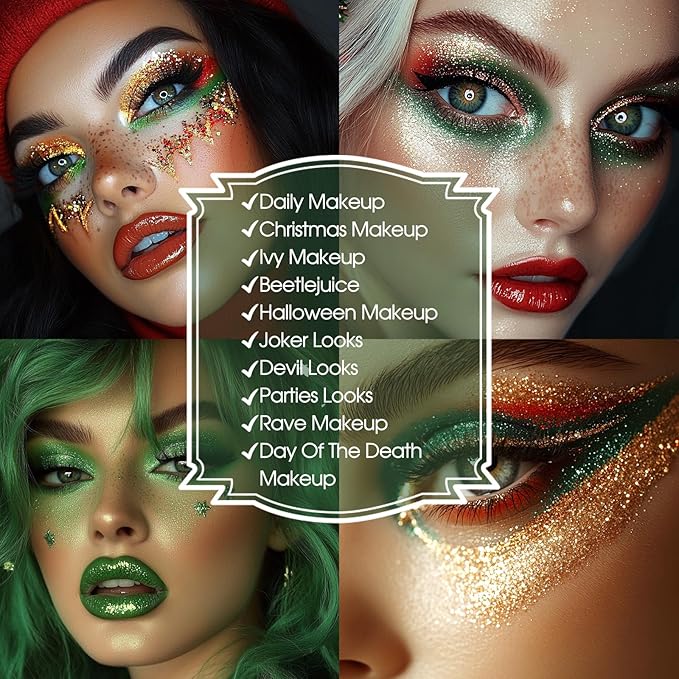 BOBISUKA Eyeshadow + Matte Lipstick Makeup Set, 6 Colors Green Red Shimmer Matte Gold Glitter Eye Shadow Pallet with Green Liquid Lipstick Makeup Kit for Christmas, Halloween, St Patricks Day