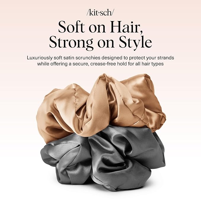 Kitsch Satin Scrunchies for Women - No Crease Hair Ties for Girls | Big Scrunchies For Women with All Hair Types and Textures, Perfect for Day or Night - 2 Pcs, Charcoal and Gold