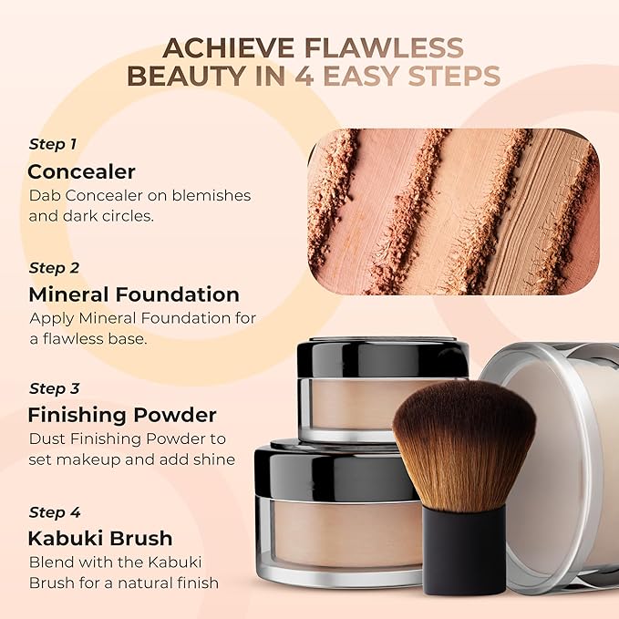 4pc Full Size Kit (Cocoa) Mineral Makeup Matte Translucent Loose Foundation + Kabuki Brush + Concealer + Finishing Setting Powder + Bare Face Full Coverage SPF 30 All Skin Types Waterproof