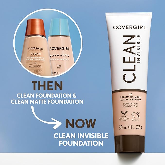 COVERGIRL Clean Invisible Foundation Makeup, Dewy & Glowy Natural Finish, Buildable Coverage, Skin-Like Smooth Look, Vegan, Deep Bronze, 1oz