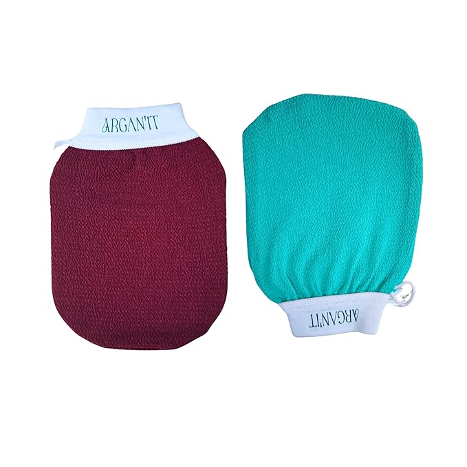 Moroccan Exfoliating Kessa Glove - Traditional Beauty Essential for Deep Skin Cleansing, Skin Exfoliation & Dead Skin Removal (set of 2 body (garnet/light green))