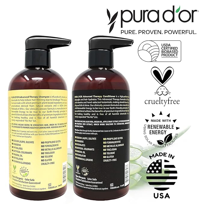 PURA D'OR Advanced Therapy Biotin Shampoo & Conditioner Hair Care Set For Hair Thinning, CLINICALLY TESTED Effective Results, Herbal Hair Thickening Products For Women & Men, 16oz x2
