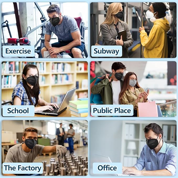 50PCS KN95 Face Masks Black 5 Layer Cup Dust Safety Filter Efficiency≥95% with Elastic Ear Loops and Nose Bridge Clip Breathable Mask