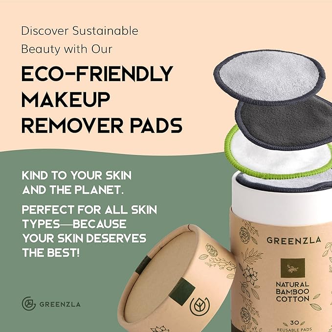 Greenzla Reusable Makeup Remover Pads, Washable Bamboo Cotton Rounds with Mesh Laundry Bag, Travel Pouch, Pad Holder - Reusable Cotton Rounds for All Skin Types - Perfect for Face Care, 30 Pack